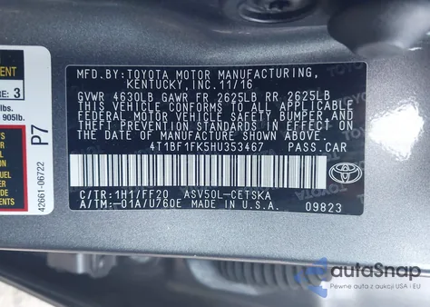 2017 Toyota Camry Se из США, поврежденный, VIN 4T1BF1FK5HU353467